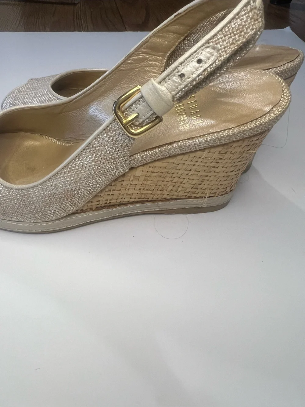 Stuart Weitzman Metallic Gold Peep-Toe Wedge Slingbacks - Picture 6 of 16